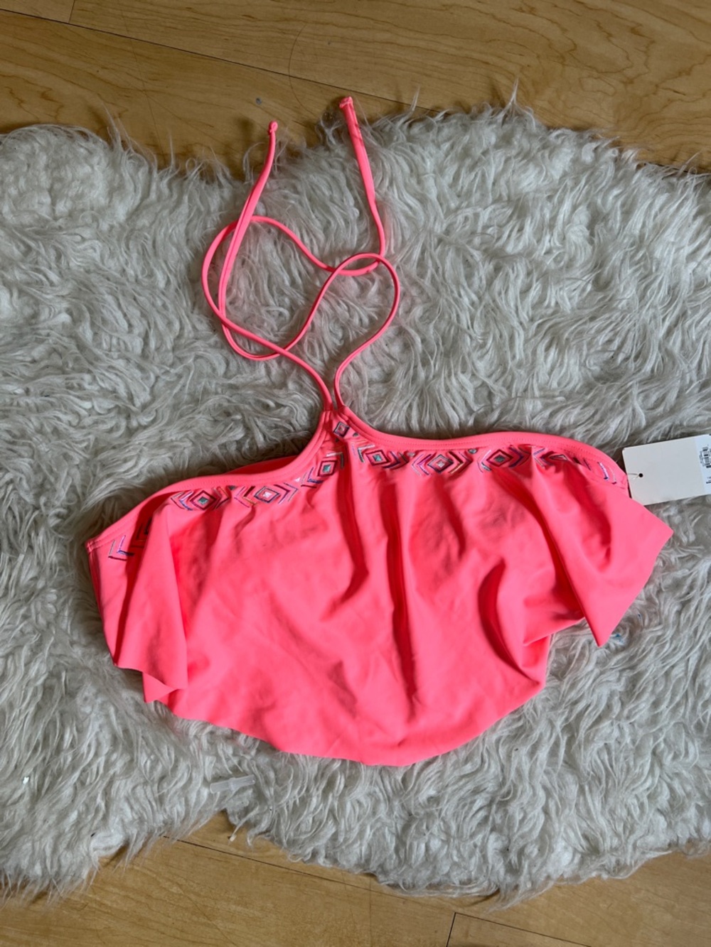 Neon Pink Flounce Bikini Top with Embroidered Trim